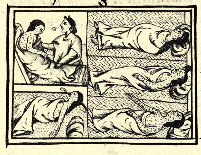 Drawing accompanying text in Book XII of the 16th-century Florentine Codex (compiled 1540–1585), showing Nahuas of conquest-era central Mexico suffering from smallpox.