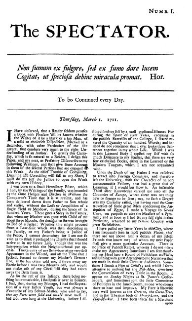 The first issue of The Spectator, March 1st, 1711