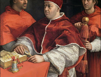 Portraits of Leo X, Cardinal Luigi de Rossi and Giulio de’ Medici by Raphael, 1518. © Bridgeman Images.