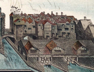 The waterworks built beneath old London Bridge by Peter Morice in 1581 to supply water to the City, c.1600.
