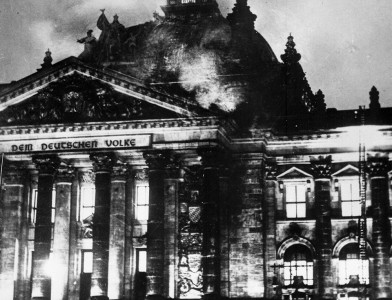 The Reichstag on fire, Berlin, February 1933.