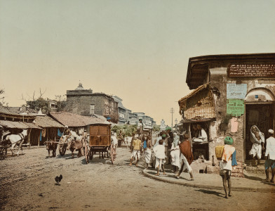 A bustling Kolkata street scene from Chitpur Road, late 19th century, by Dr. Kurt Boeck. The Cleveland Museum of Art. Public Domain.