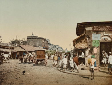 A bustling Kolkata street scene from Chitpur Road, late 19th century, by Dr. Kurt Boeck. The Cleveland Museum of Art. Public Domain.