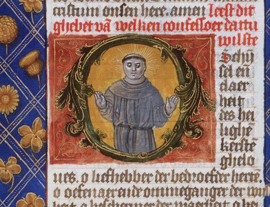 St. Francis of Assisi showing his stigmata in an illustrated manuscript, c. 1490.