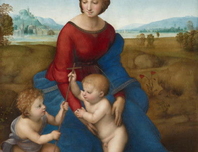 Madonna of the Meadow (Madonna with the Christ Child and Saint John the Baptist), by Raphael, 1506. Art Library/Alamy Stock Photo.