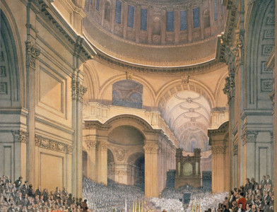 Interior of St Paul’s Cathedral during the funeral of the Duke of Wellington, 1852, by William Simpson. Heritage Image Partnership/Alamy Stock Photo.