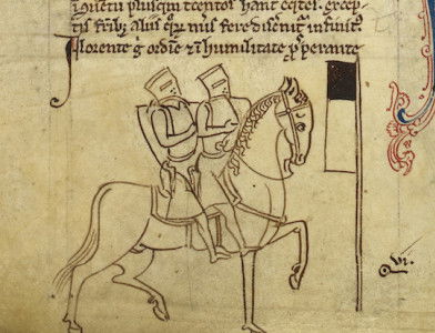 Two Templar Knights on one horse, symbol of the Knights Templar, illustration from Matthew Paris' 'Historia Anglorum', 1250-54. © British Library Board. All Rights Reserved/Bridgeman Images.
