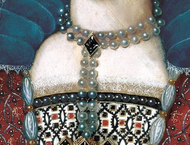 detail from a portrait of Anne of Denmark wearing a jewel with a large diamond, possibly the ‘Great Harry’, unknown artist, c.1600. Government Art Collection.
