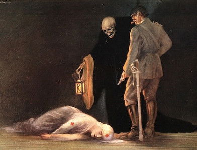 Edith Cavell lies dead before a German officer, process print after T. Corbella, 1915. Wellcome Collection. Public Domain.