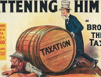 ‘Flattening Him Out or Broadening the Basis of Taxation’, anti-tariff poster. LSE Library. Public Domain