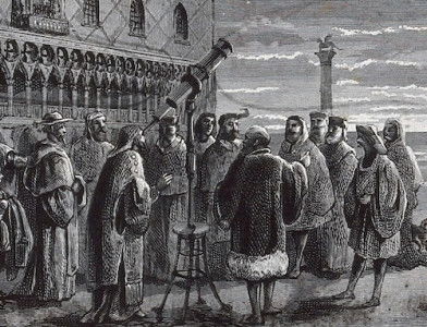 Galileo with his telescope in the Piazza San Marco, Venice. Wellcome Collection. Public Domain.