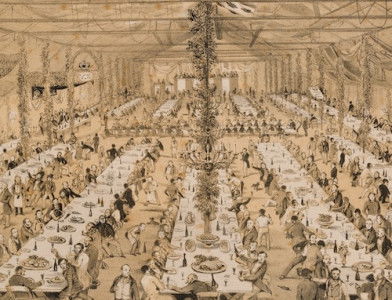 Old Colonists Festival Dinner held at the City Bridge Hotel, Adelaide, 27 March 1851, by Samuel Gill. State Library NSW. Public Domain.