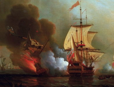 Wager’s Action  off Cartagena, 28 May 1708, depicting the sinking of the San José, by Samuel Scott, 1743-47. Royal Museums Greenwich.