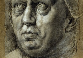 Head of Pope Leo X by Giulio Romano, 16th century. ollection of the Duke of Devonshire, Chatsworth House/Bridgeman Images
