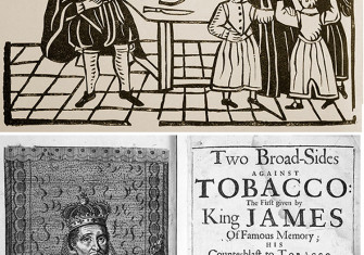 Top: Family Group, early 17th-century English woodcut, Ⓒ Bridgeman Images. Bottom: rontispiece of Two Broad-Sides Against Tobacco, published June 6th, 1672. Ⓒ Bridgeman Images