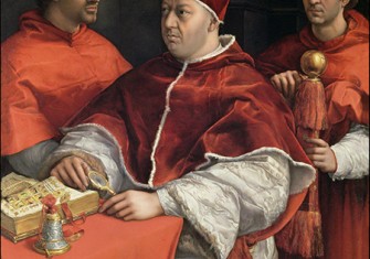 Portraits of Leo X, Cardinal Luigi de Rossi and Giulio de’ Medici by Raphael, 1518. © Bridgeman Images.