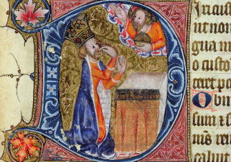 King David in an illustration for Psalm 38, from the Ramsey Abbey Psalter, c.1380. 