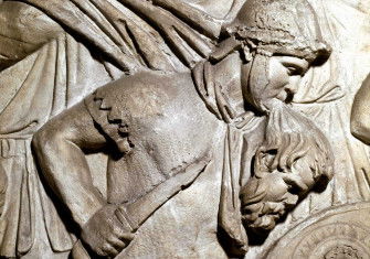 Roman warrior holding the head of an enemy between his teeth, cast from Trajan’s Column, 1862. 