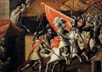 Hernán Cortés and his troops during the Noche Triste, Mexican, 17th century.