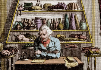 ‘Meditations of a Gourmand’. Coloured engraving from Almanach des Gourmands, 19th century.