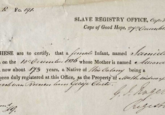 A slave registration certificate for  a female infant, Jamiela, Cape Town,  27 December 1826.