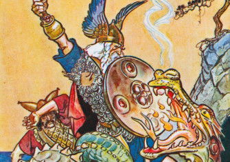 Beowulf  fights with the dragon, from Stories of Legendary Heroes, illustration by Henry Matthew Brock, c.1930.