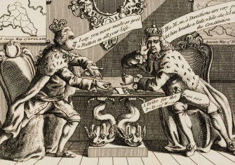 George III and Charles III of Spain ‘negotiate’ over the Falkland Islands. English engraving, 1770.