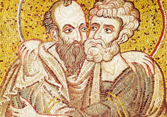 Peter and Paul embracing, Byzantine mosaic, 12th century. 