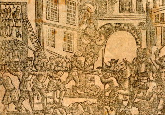 Royal troops fight Venner’s rebels. Woodcut, 17th century © British Museum Images.