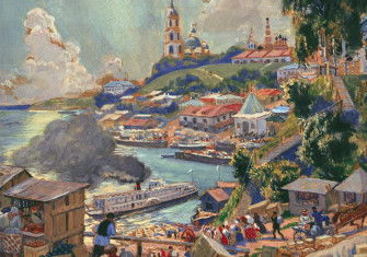 A Port on the Volga,  by Boris Mikhaylovich Kustodiev, 1920.