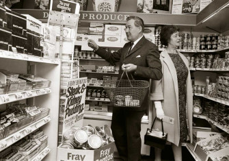 James and Audrey Callaghan shopping in an experimental decimal coinage supermarket,  12 May 1967.