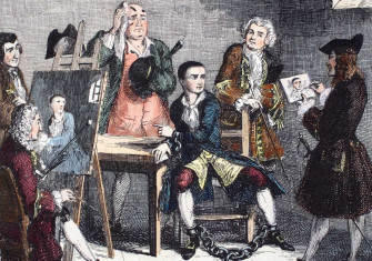 Jack Sheppard sits for Hogarth (right) and Thornhill (left), while talking to James Figg. Engraving by George Cruikshank, 1839.