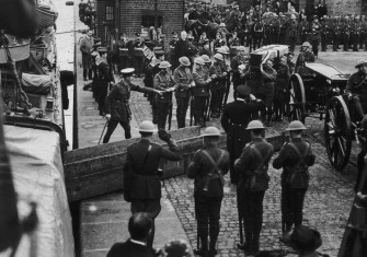 Bodies of British officers killed in Dublin on Bloody Sunday are taken for burial,  25 November 1920. 