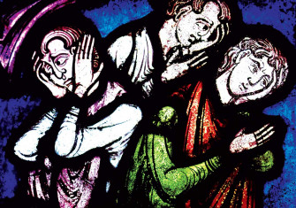 Fear of Plague in the House of Fitzeisulf, a detail from Trinity Chapel window, Canterbury Cathedral, 14th century.