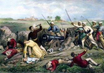 The death of Captain Alexander Skene and his wife, Margaret Skene, at Jhansi, during the Sepoy Revolt, English coloured engraving, 19th century © Bridgeman Images.
