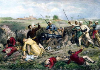 The death of Captain Alexander Skene and his wife, Margaret Skene, at Jhansi, during the Sepoy Revolt, English coloured engraving, 19th century © Bridgeman Images.