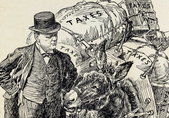 Winston Churchill and a donkey loaded with taxes, by Bernard Partridge, 1920s.
