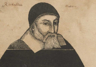 Illustration of Richard Mather (1596-1669) by John Foster, circa 1675, used as an added frontispiece to a reissue of The life and death of that reverend man of God, Mr. Richard Mather, teacher of the church in Dorchester in New-England, 1670, by Increase Mather. *AC6.Ad198.Zz683t no.5, Houghton Library, Harvard University.