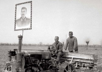 Tractor with Stalin’s portrait, Uzbekistan, c.1940.