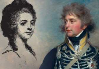 Left: Illustration of Mary Hamilton from a miniature in a ring given by her to Mr John Dickenson after their engagement. Frontispiece (portrait detail) to Mary Hamilton, afterwards Mrs. John Dickenson, at Court and at Home, from Letters and Diaries 1756 to 1816, edited by her great-granddaughters Elizabeth and Florence Anson (John Murray, 1925). Right: George IV when Prince of Wales, by William Beechey, c.1798. Metropolitan Museum of Art, New York.