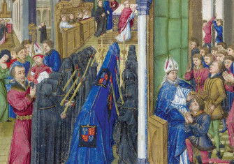 William II, ‘Rufus’, kneeling  before Archbishop Lanfranc,  from the Chronique de Normandie,  French, 15th century.