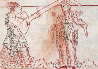 Ira attacking Patientia, from Prudentius’ Psychomachia, English,  11th century.