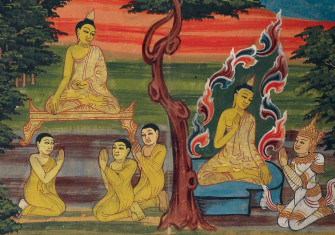 Mara, the spirit of evil, tells the Buddha it is time to die and Ananda asks the Buddha three times to remain on earth, from The Life of the Buddha, Burmese, c.1800-20.