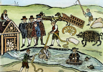 A ‘witch’ is punished by being ‘dipped’ in the mill-stream. Woodcut, English, 17th century.