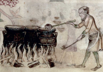 A cooking scene, from The Luttrell Psalter. English, c.1330 © British Library Board/Bridgeman Images.