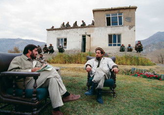 Ahmad Massoud (right) with adviser Abdullah Abdullah at his HQ, Charikar, Afghanistan, 1996.