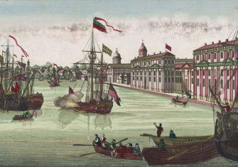 Philadelphia waterfront, 18th-century coloured engraving.