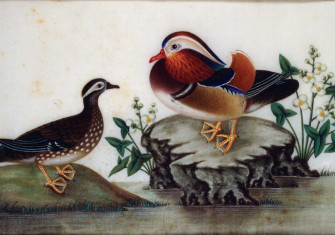 Ducks and Flowering Water Plants by a Pond, pith paper painting  by Sunqua, c.1820.