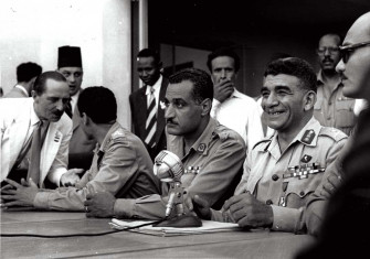 Colonel Nasser (left) and General Naguib at a press conference, 1953.