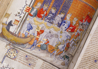 Charles V of France and Emperor Charles IV feast while  the Siege of Jerusalem  is re-enacted, from the Grandes Chroniques  de France, c.1380.